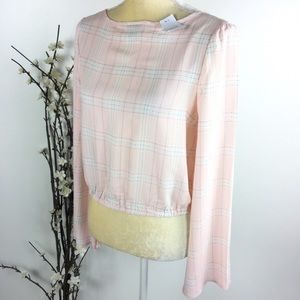 Rue 21 Pink Plaid Bell Sleeve Faux Wrap Crop Top
